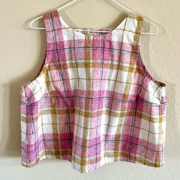 Loft beach open back pink windowpane plaid tank top - Picture 2 of 7